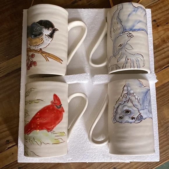 Pottery Barn Hand Painted and Hand Glazed Arctic Forest Mug, Mixed Set Of 4